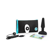 B-Vibe Trio Plug set with a black storage pouch, USB charging cable, and user guide, featuring a sleek design.