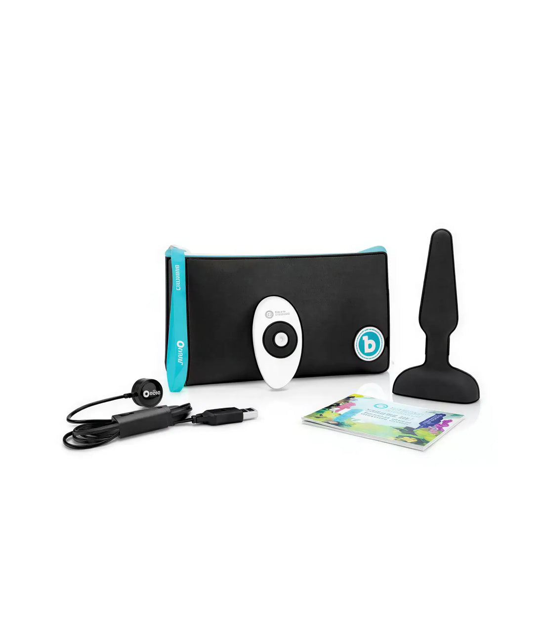 B-Vibe Trio Plug set with a black storage pouch, USB charging cable, and user guide, featuring a sleek design.