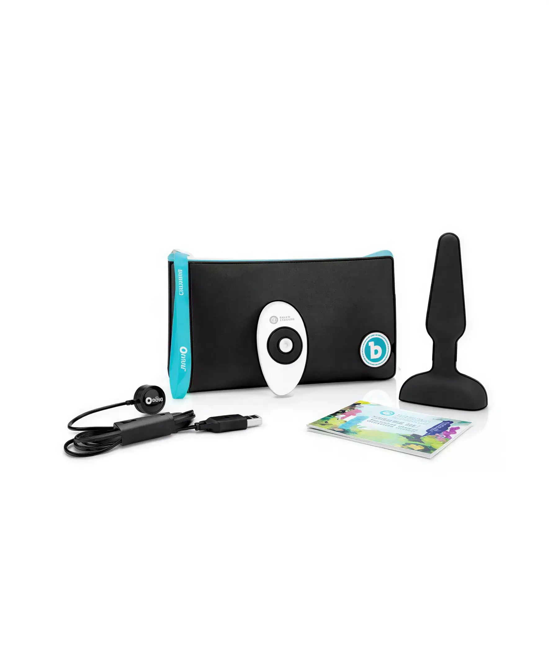 B-Vibe Trio Plug set with a black storage pouch, USB charging cable, and user guide, featuring a sleek design.