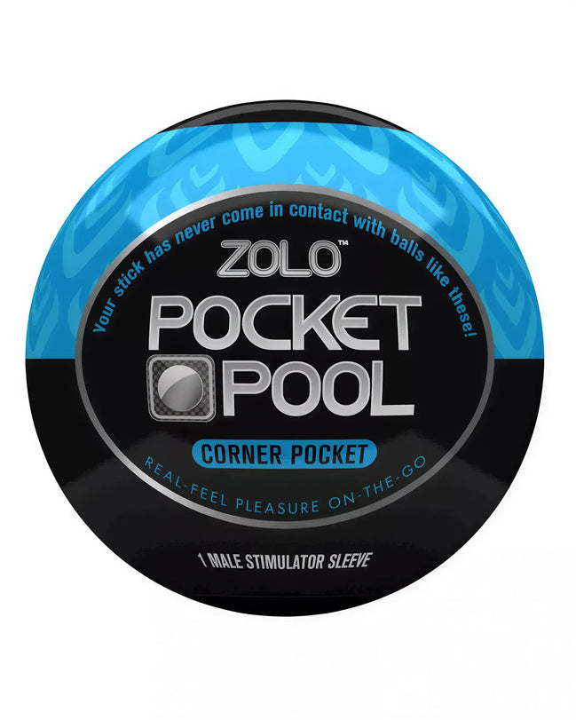 Zolo Pocket Pool corner pocket male stimulator sleeve in black and blue packaging with textured design.