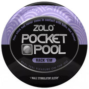 Zolo Pocket Pool Rack Em male stimulator sleeve with a black and purple design, featuring textured patterns on the packaging.