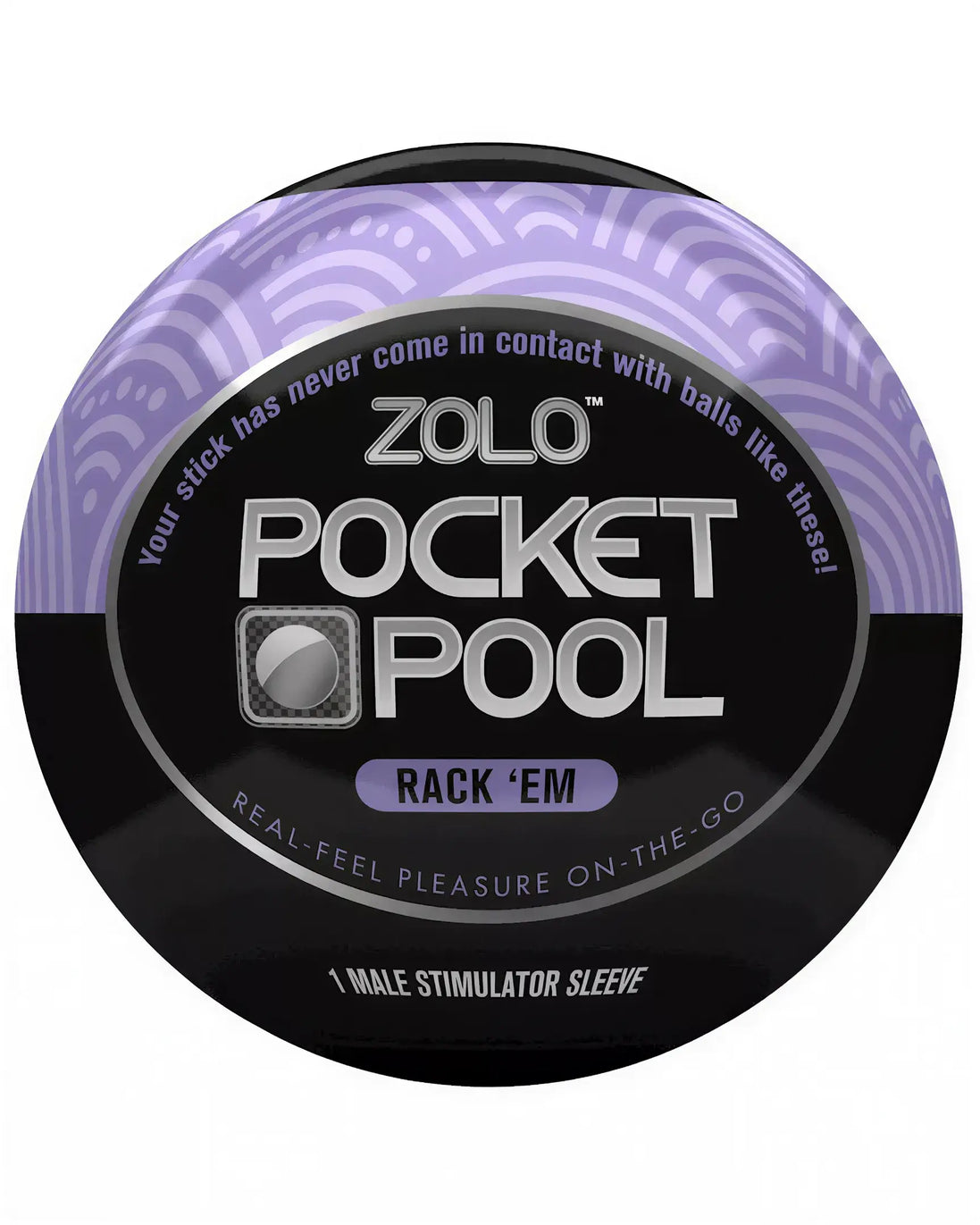 Zolo Pocket Pool Rack Em male stimulator sleeve with a black and purple design, featuring textured patterns on the packaging.