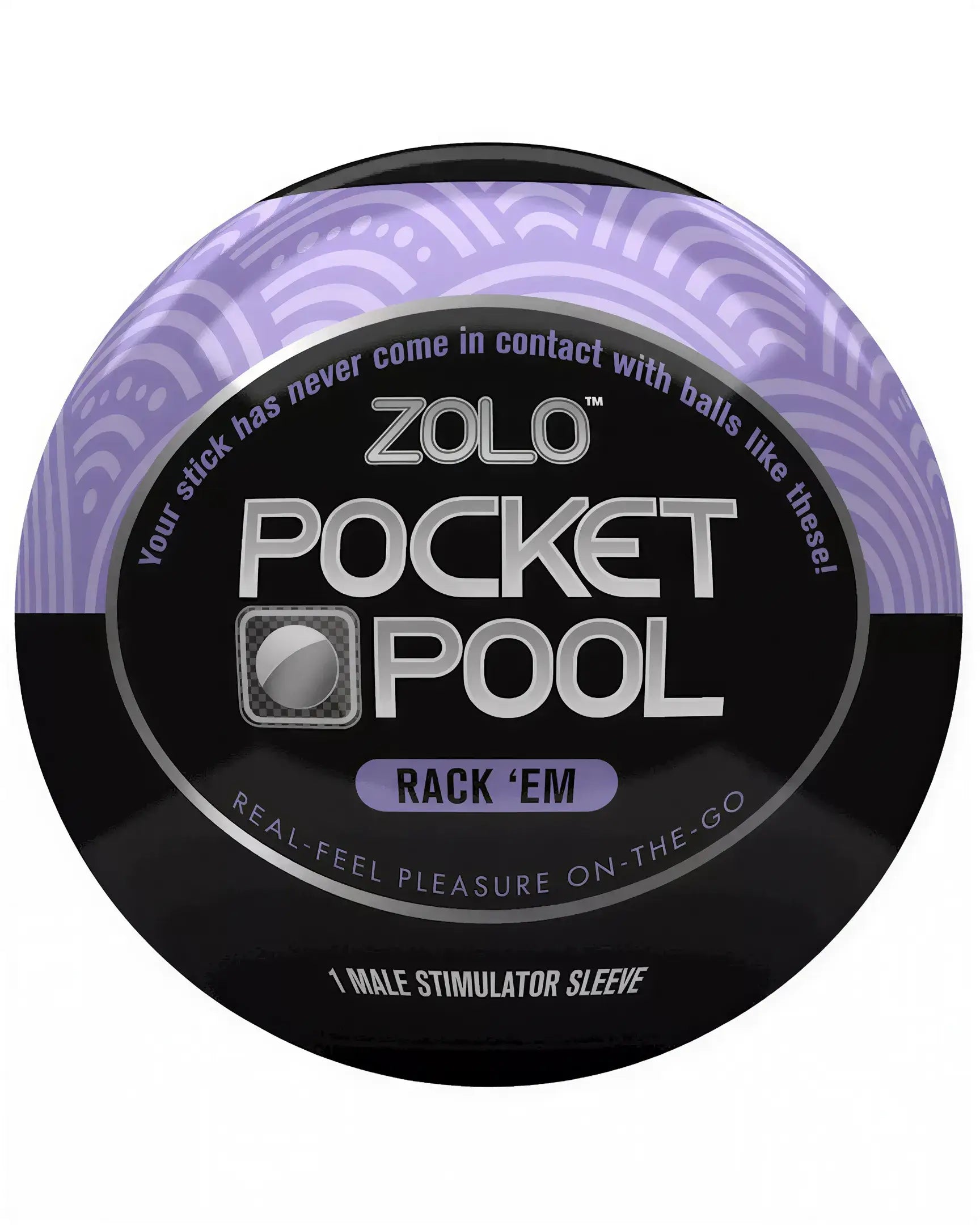 Zolo Pocket Pool Rack Em male stimulator sleeve with a black and purple design, featuring textured patterns on the packaging.