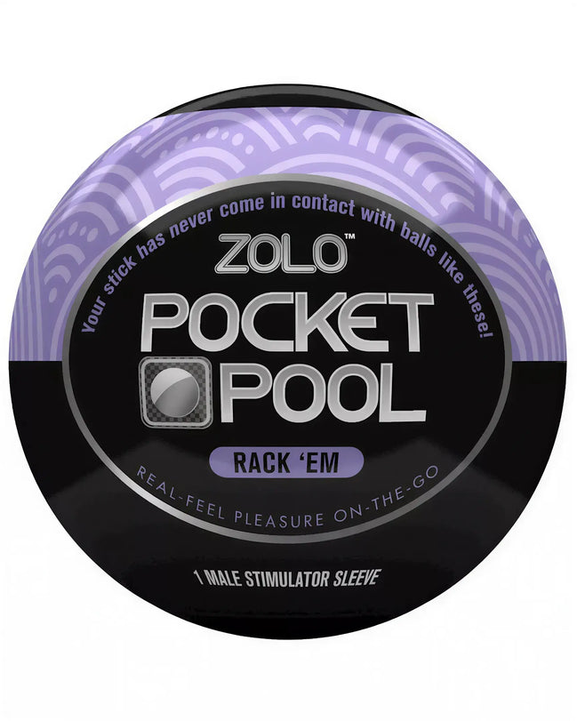 Zolo Pocket Pool Rack Em male stimulator sleeve with a black and purple design, featuring textured patterns on the packaging.
