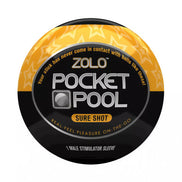 Zolo Pocket Pool Sure Shot male stimulator sleeve in a round container with a black and yellow design.