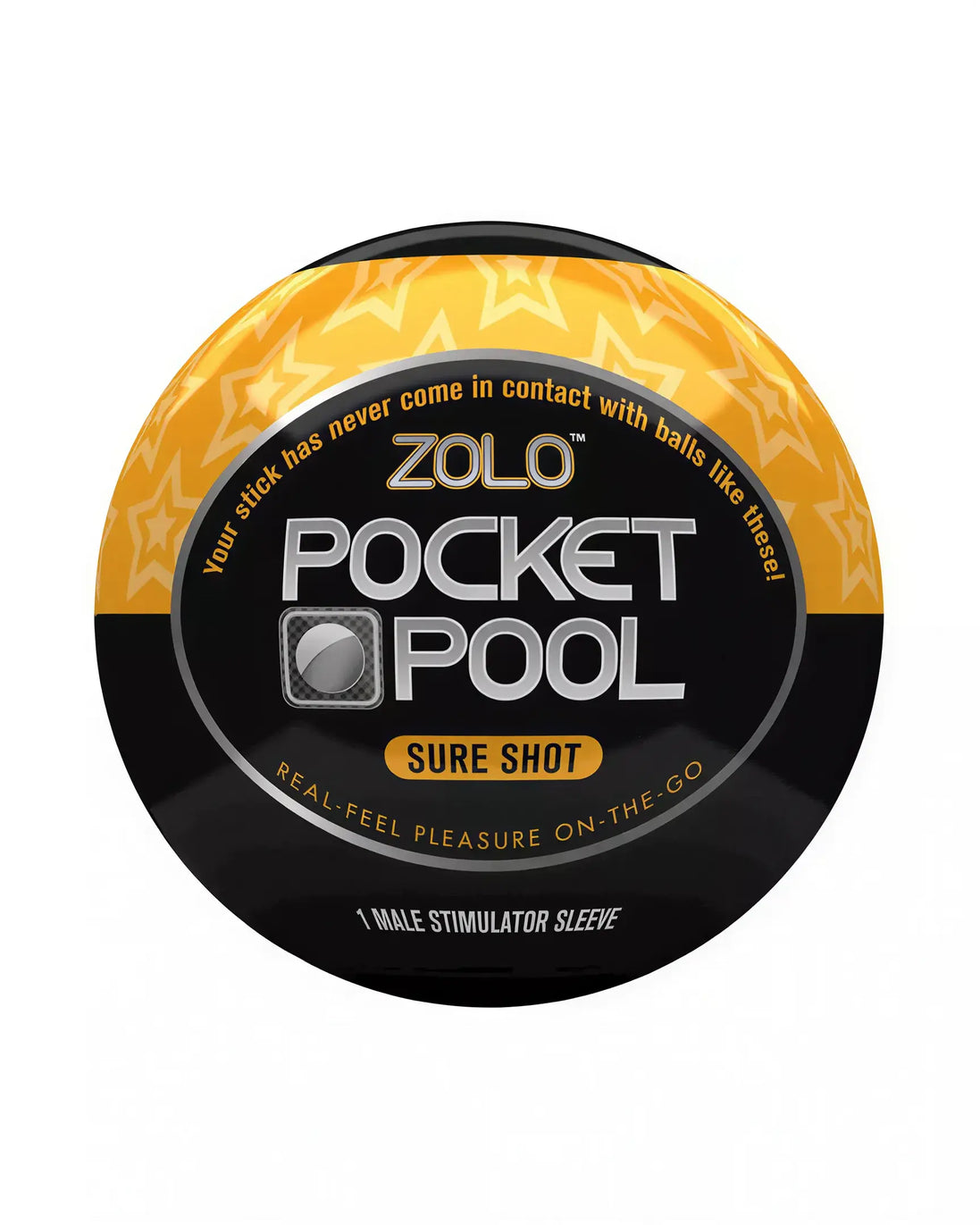 Zolo Pocket Pool Sure Shot male stimulator sleeve in a round container with a black and yellow design.