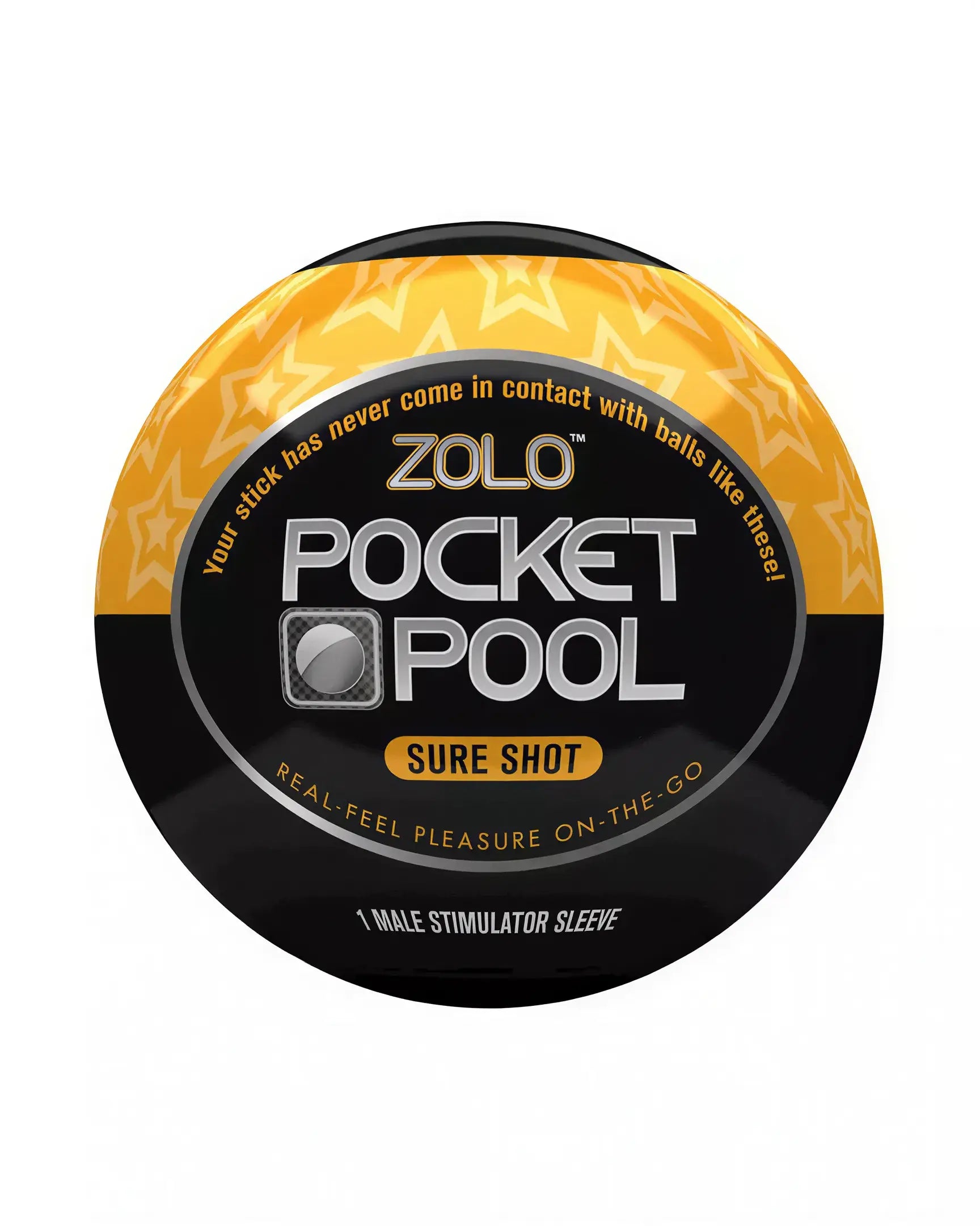Zolo Pocket Pool Sure Shot male stimulator sleeve in a round container with a black and yellow design.