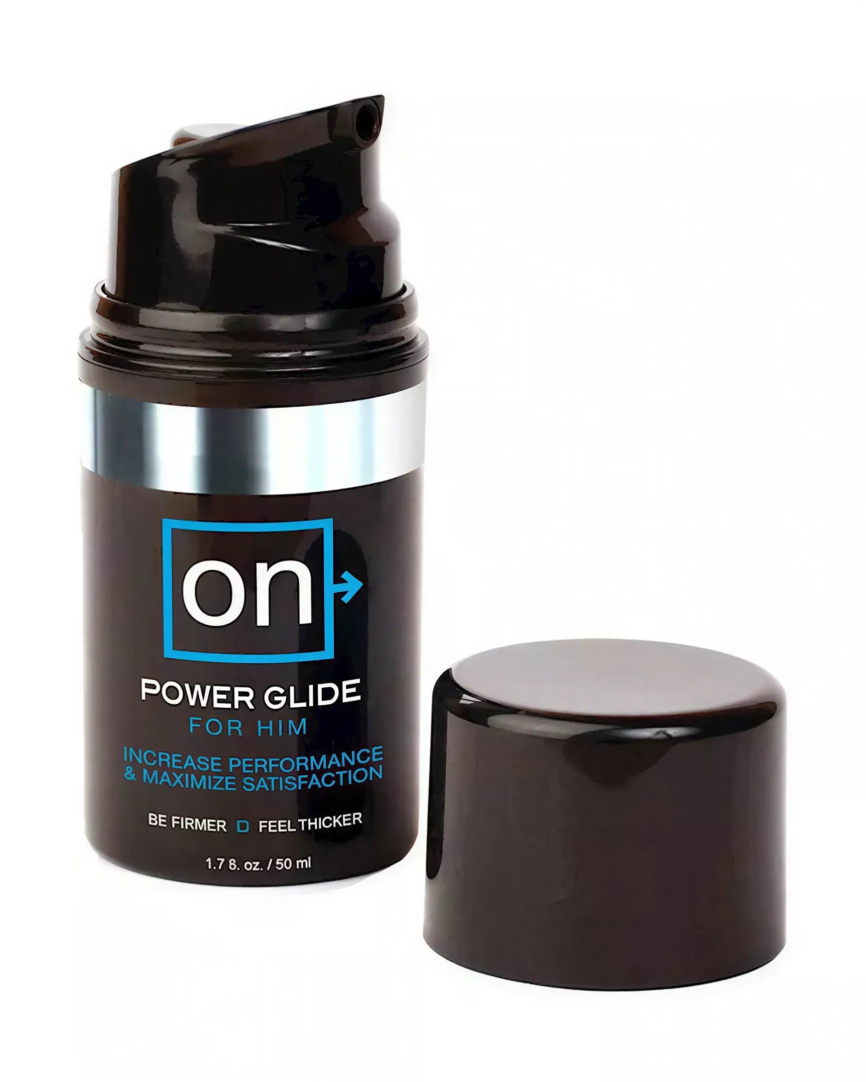 Sensuva On Power Glide for Him, a black pump bottle with a removable cap, 1.7 oz size, labeled for performance enhancement.