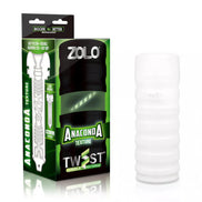 Zolo Twist Anaconda masturbator in a clear cylindrical design with textured surface, displayed with packaging.