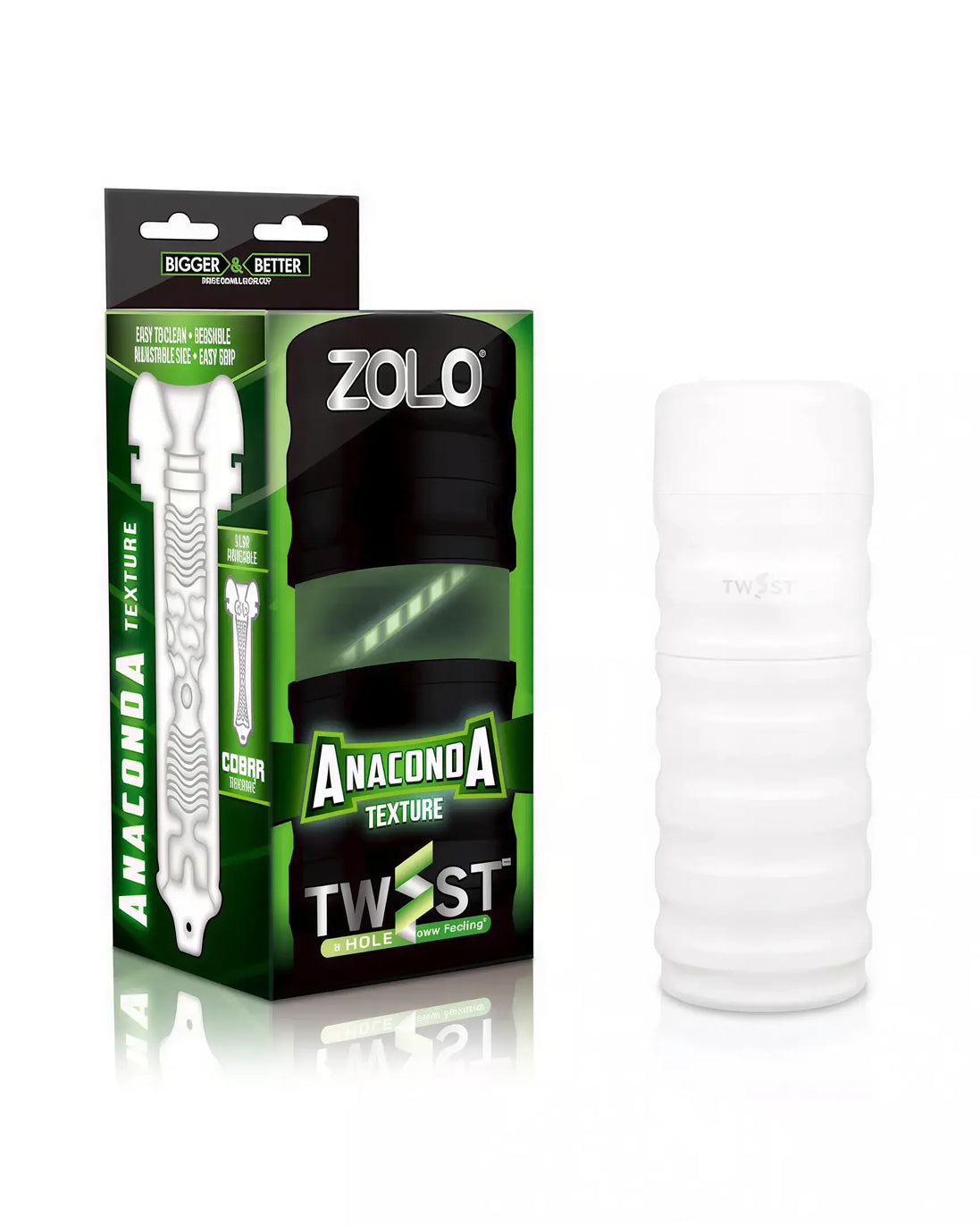 Zolo Twist Anaconda masturbator in a clear cylindrical design with textured surface, displayed with packaging.