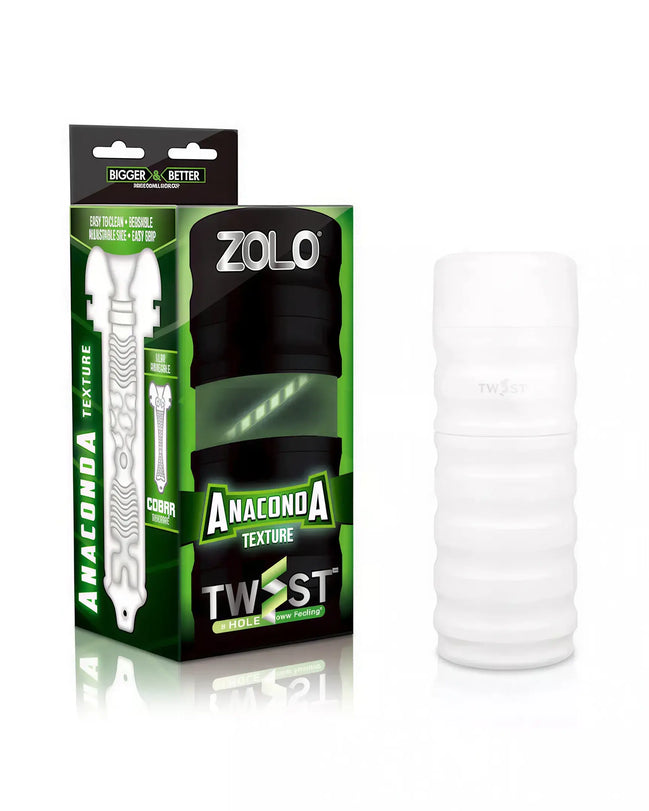 Zolo Twist Anaconda masturbator in a clear cylindrical design with textured surface, displayed with packaging.