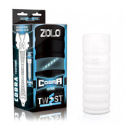 Zolo Twist Cobra masturbator in white with textured design, displayed next to its black packaging featuring blue accents.
