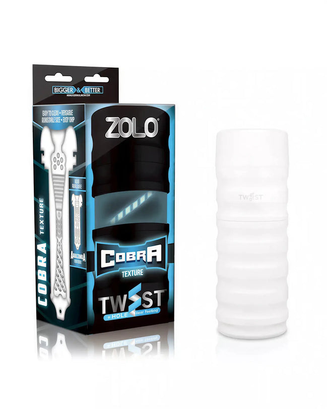 Zolo Twist Cobra masturbator in white with textured design, displayed next to its black packaging featuring blue accents.
