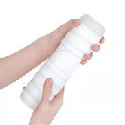 Zolo Twist Cobra masturbator held in hands, featuring a textured white design with a smooth top.