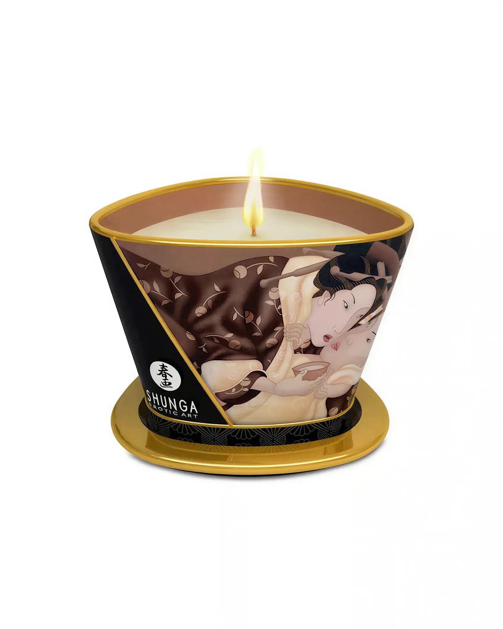 Shunga massage candle in a decorative container with a chocolate scent, featuring a romantic design and lit wick.