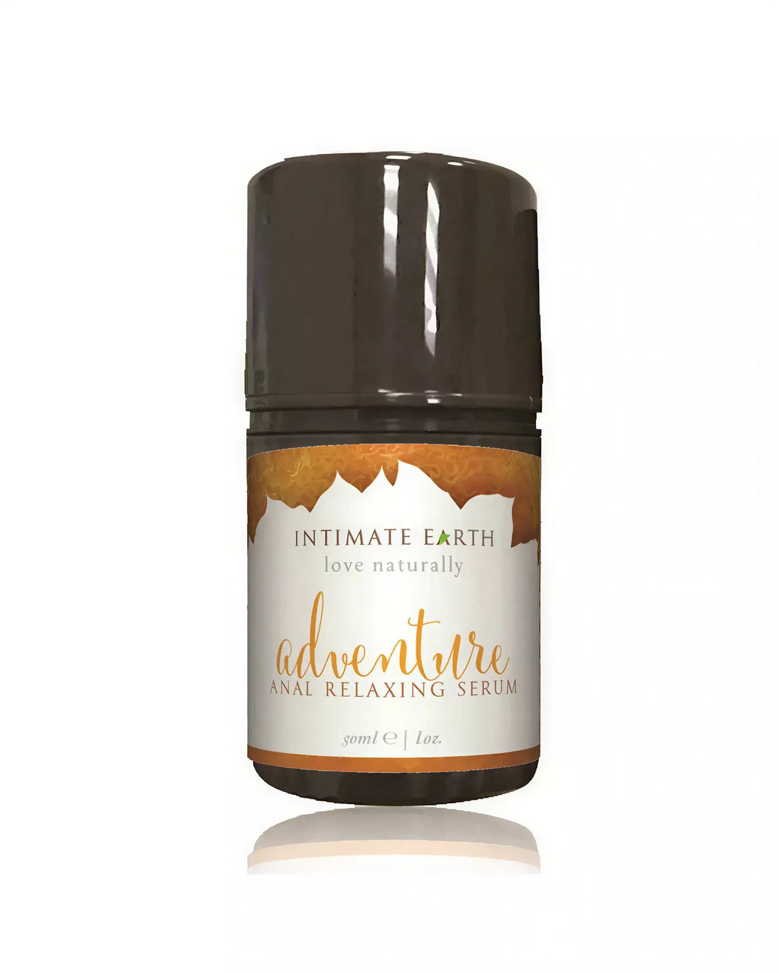 Intimate Earth Adventure anal relaxing serum in a 30ml bottle with a brown cap and a decorative label.