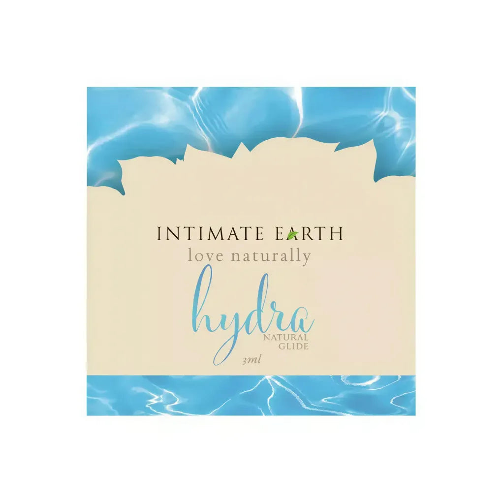 Intimate Earth Hydra natural glide foil packaging, featuring blue water design and cream background, 3ml size.