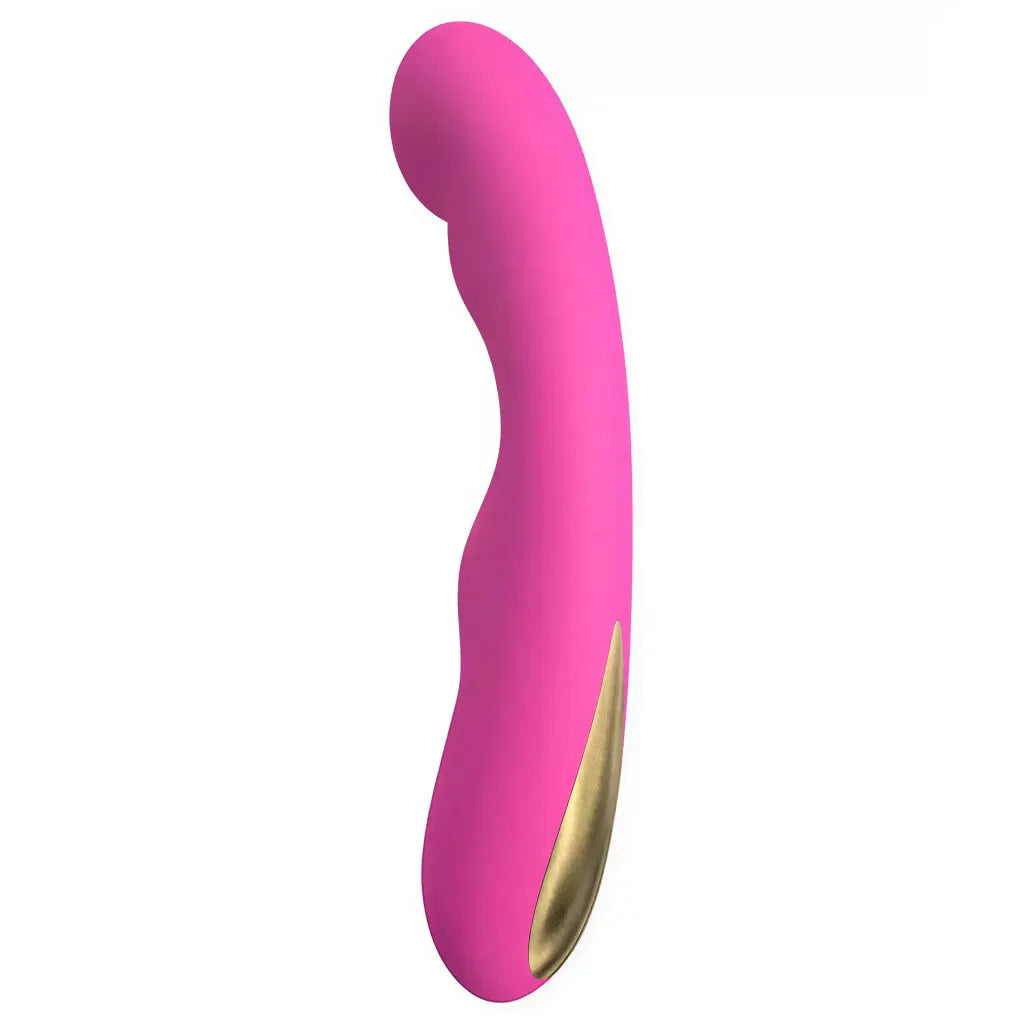 Rhythm Dandiya vibrator in bright pink with a curved design and gold accents, shown from the side.