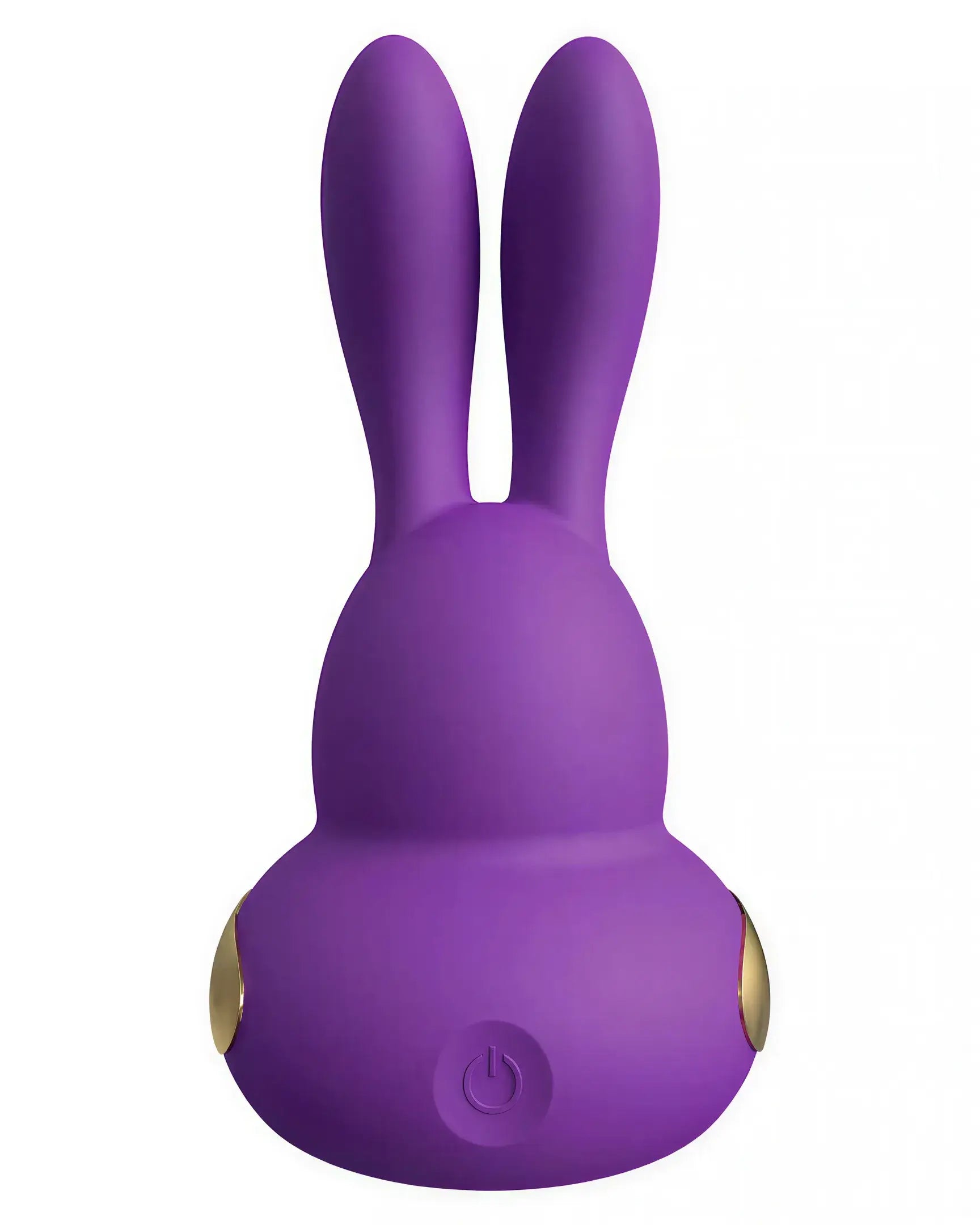 Kama Sutra Rhythm Chari vibrator in purple with rabbit ears and gold accents, featuring a power button on the base.