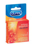 Durex Intense Sensation condoms packaging, featuring bright orange box with three extra-large dot condoms inside.