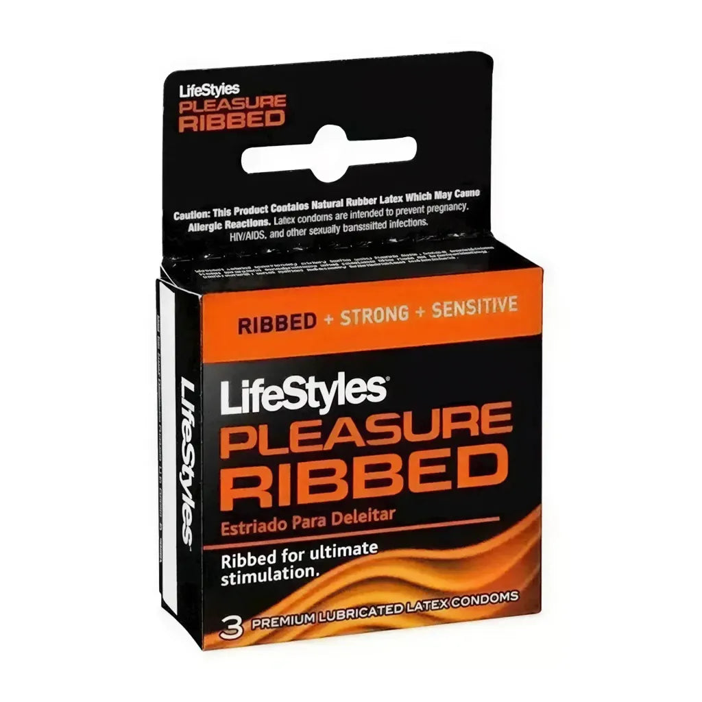 Lifestyles ribbed condoms 3 pack with black and orange packaging, featuring ribbed texture for enhanced stimulation.