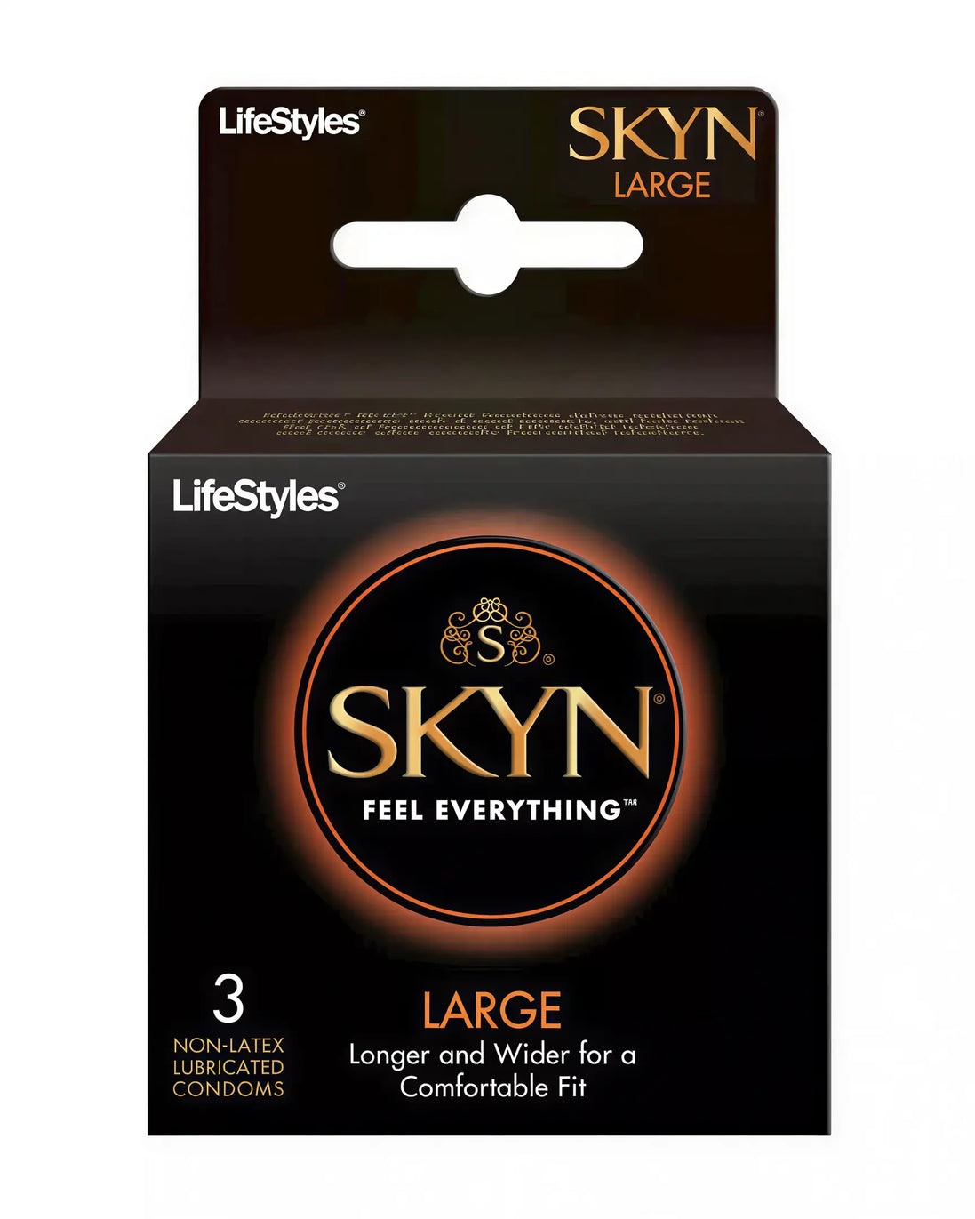 Lifestyles Skyn large non-latex condoms 3 pack in black packaging with orange accents and product details.