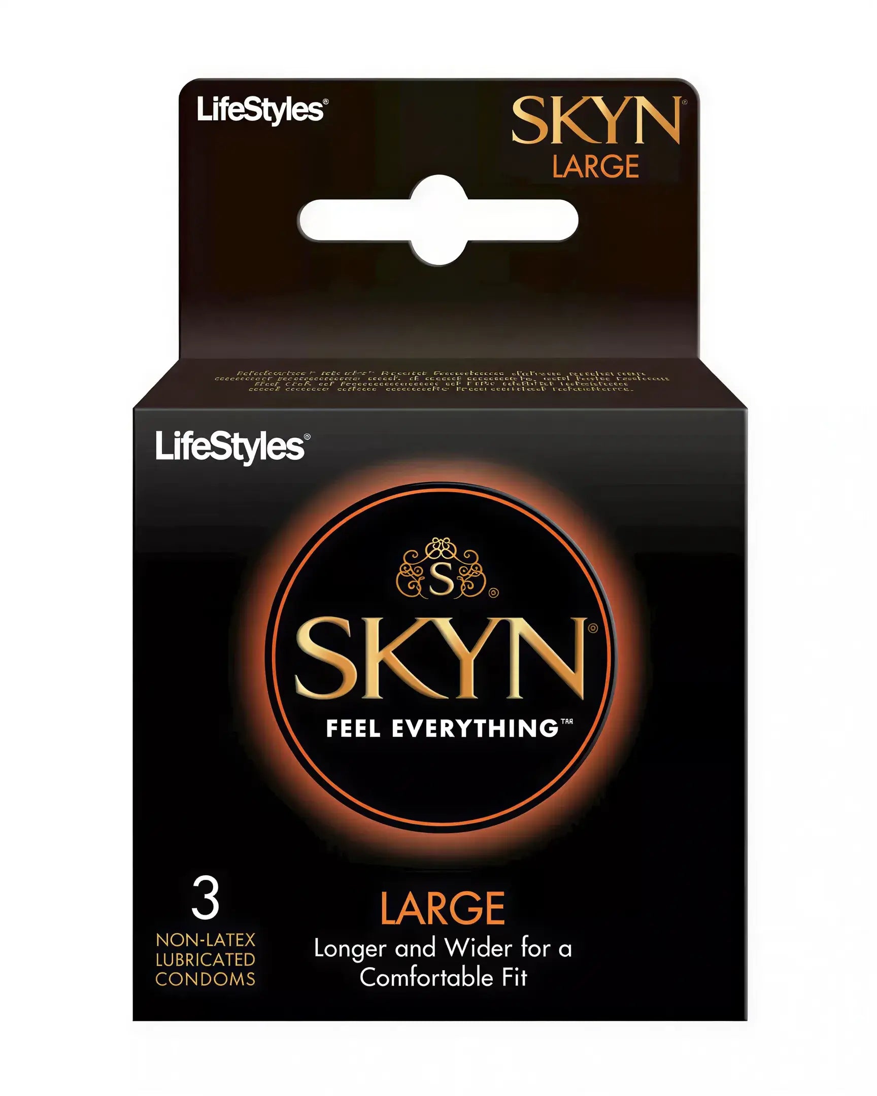 Lifestyles Skyn large non-latex condoms 3 pack in black packaging with orange accents and product details.