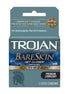 Trojan Bare Skin condoms 3 pack in a blue box with a silver logo and product details on the front.