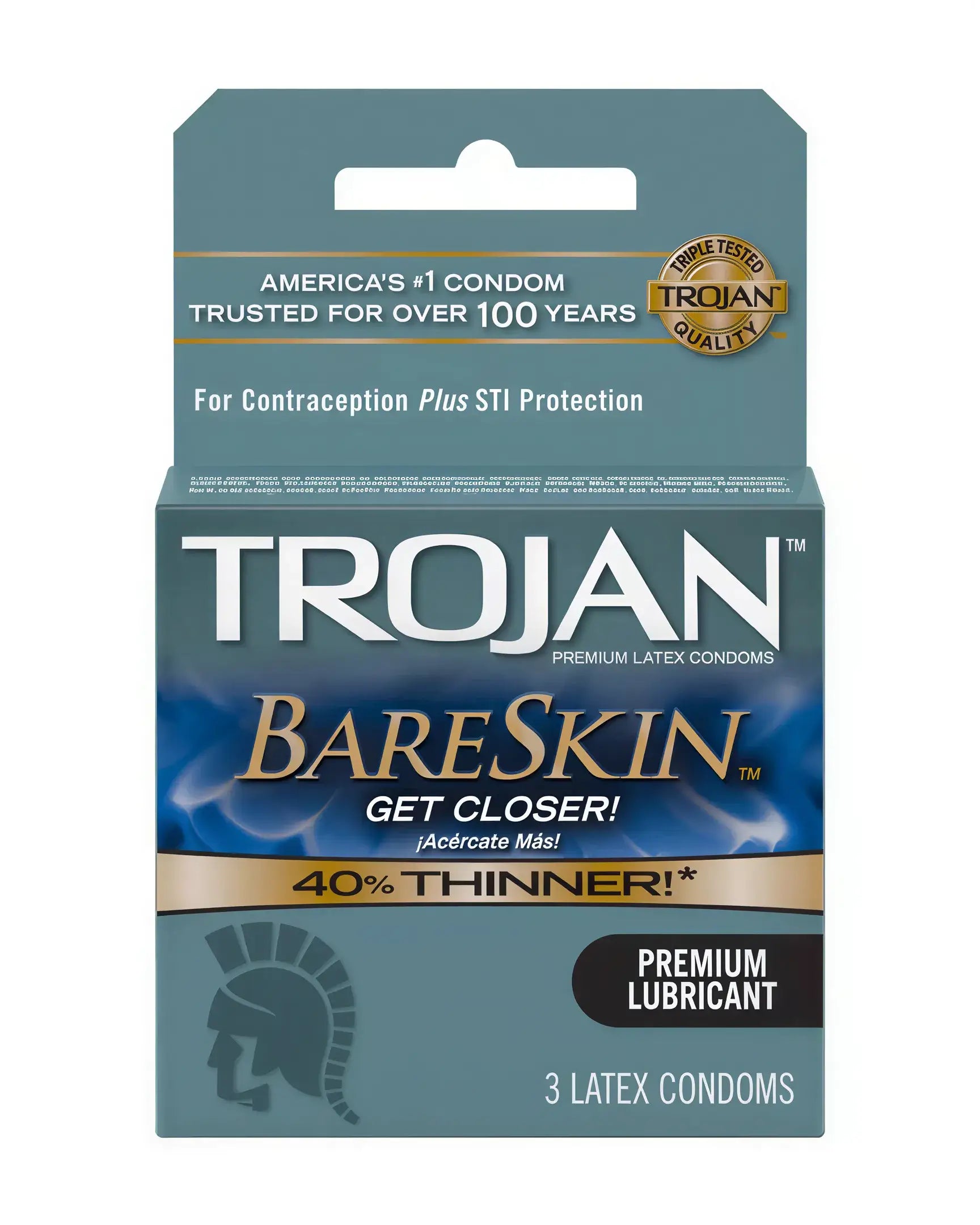 Trojan Bare Skin condoms 3 pack in a blue box with a silver logo and product details on the front.