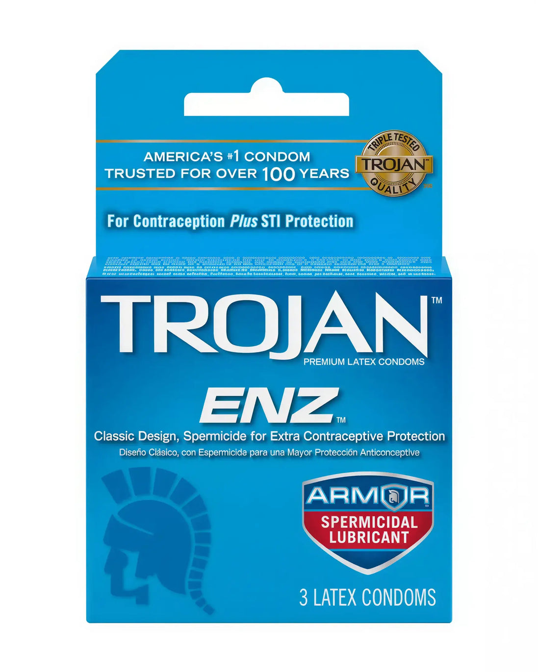Trojan ENZ Armour spermicidal condoms 3 pack with blue packaging and detailed product information.