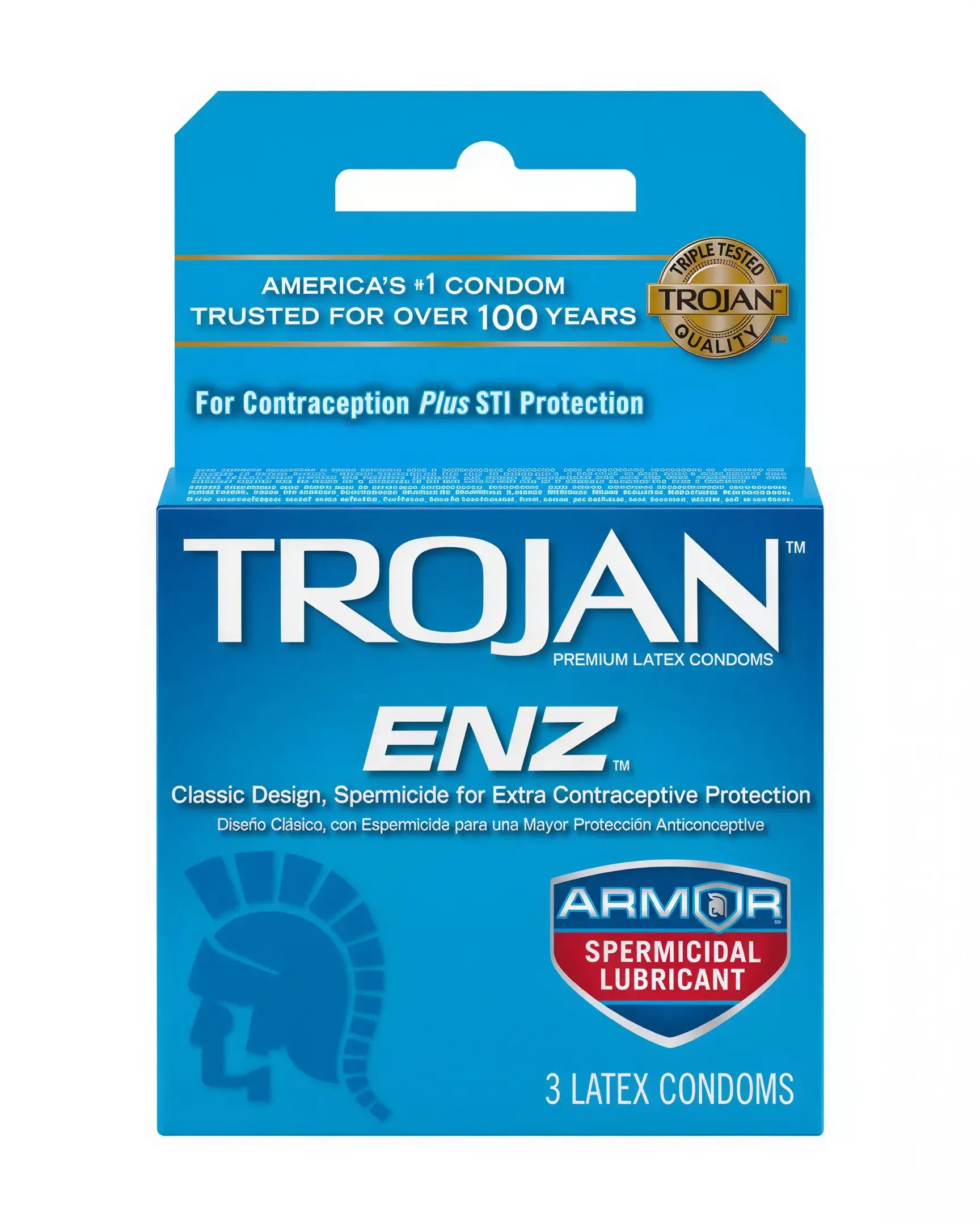 Trojan ENZ Armour spermicidal condoms 3 pack with blue packaging and detailed product information.