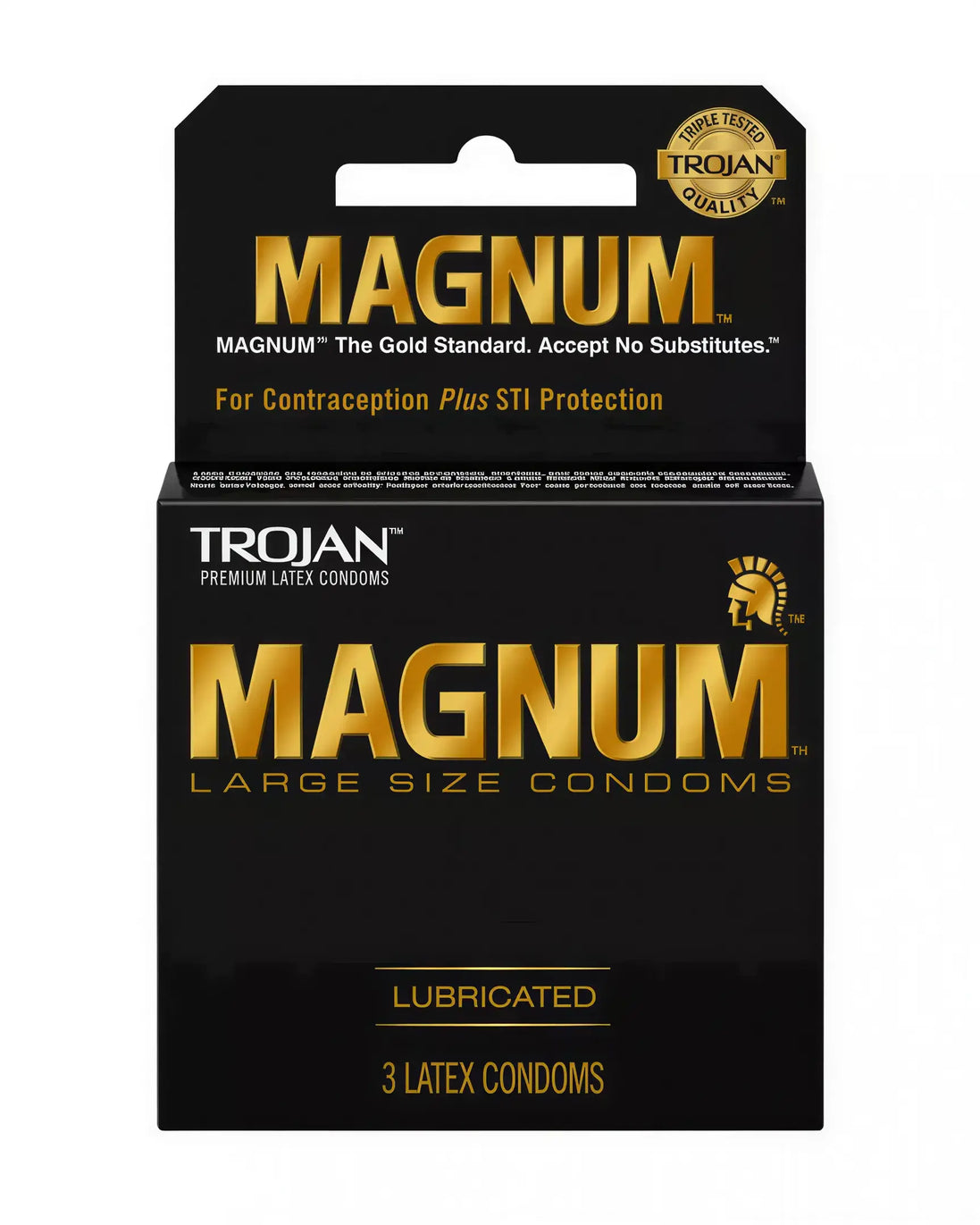 Trojan Magnum condoms 3 pack, featuring a black box with gold text and a logo, labeled for large size and lubrication.