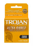 Trojan Ultra Ribbed condoms 3 pack, featuring a yellow box with a spartan helmet logo and product details.