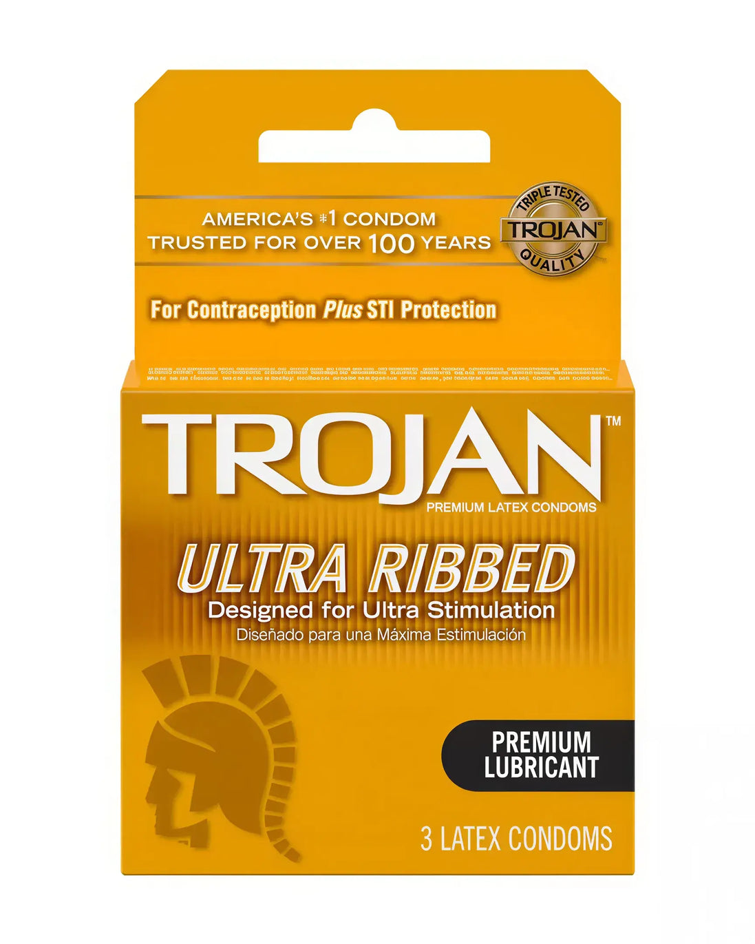 Trojan Ultra Ribbed condoms 3 pack, featuring a yellow box with a spartan helmet logo and product details.