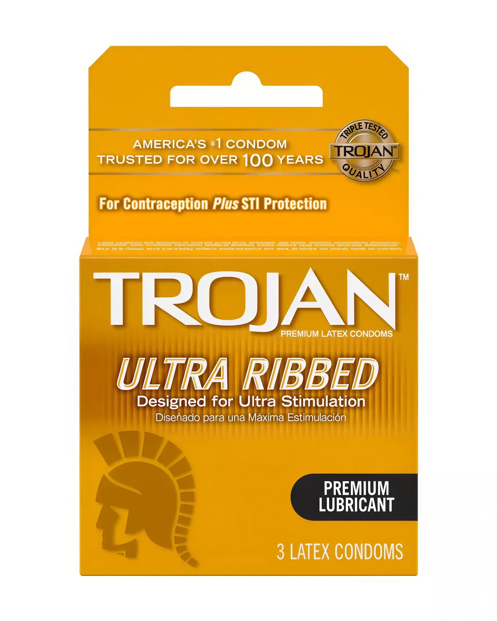 Trojan Ultra Ribbed condoms 3 pack, featuring a yellow box with a spartan helmet logo and product details.