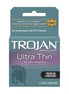 Trojan Ultra Thin condoms 3 pack, featuring a teal box with purple accents and a spartan helmet logo.
