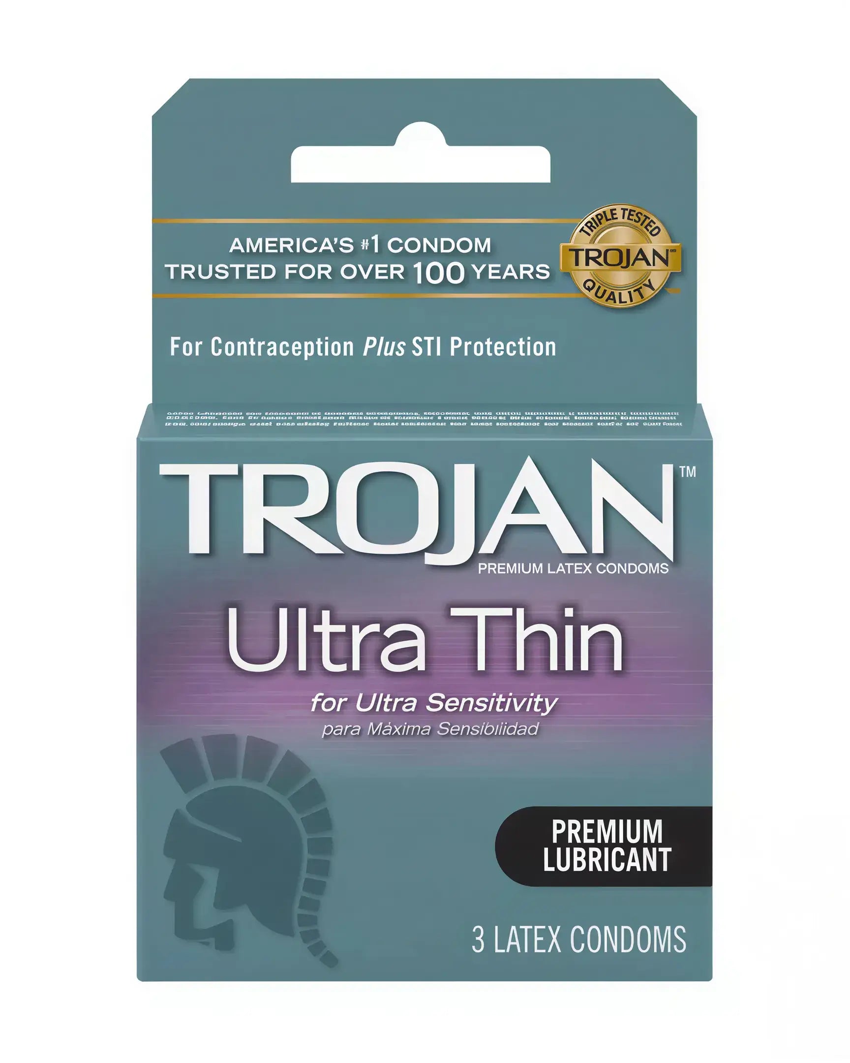 Trojan Ultra Thin condoms 3 pack, featuring a teal box with purple accents and a spartan helmet logo.