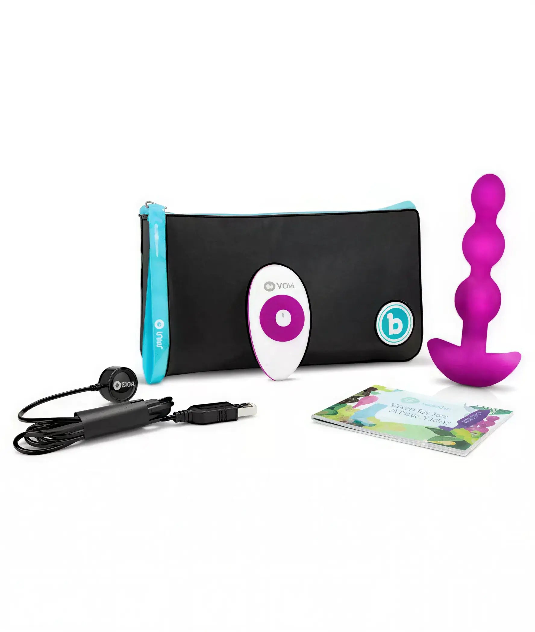 B-Vibe Triplet anal beads in purple with remote control, USB charger, and storage pouch displayed on a white background.