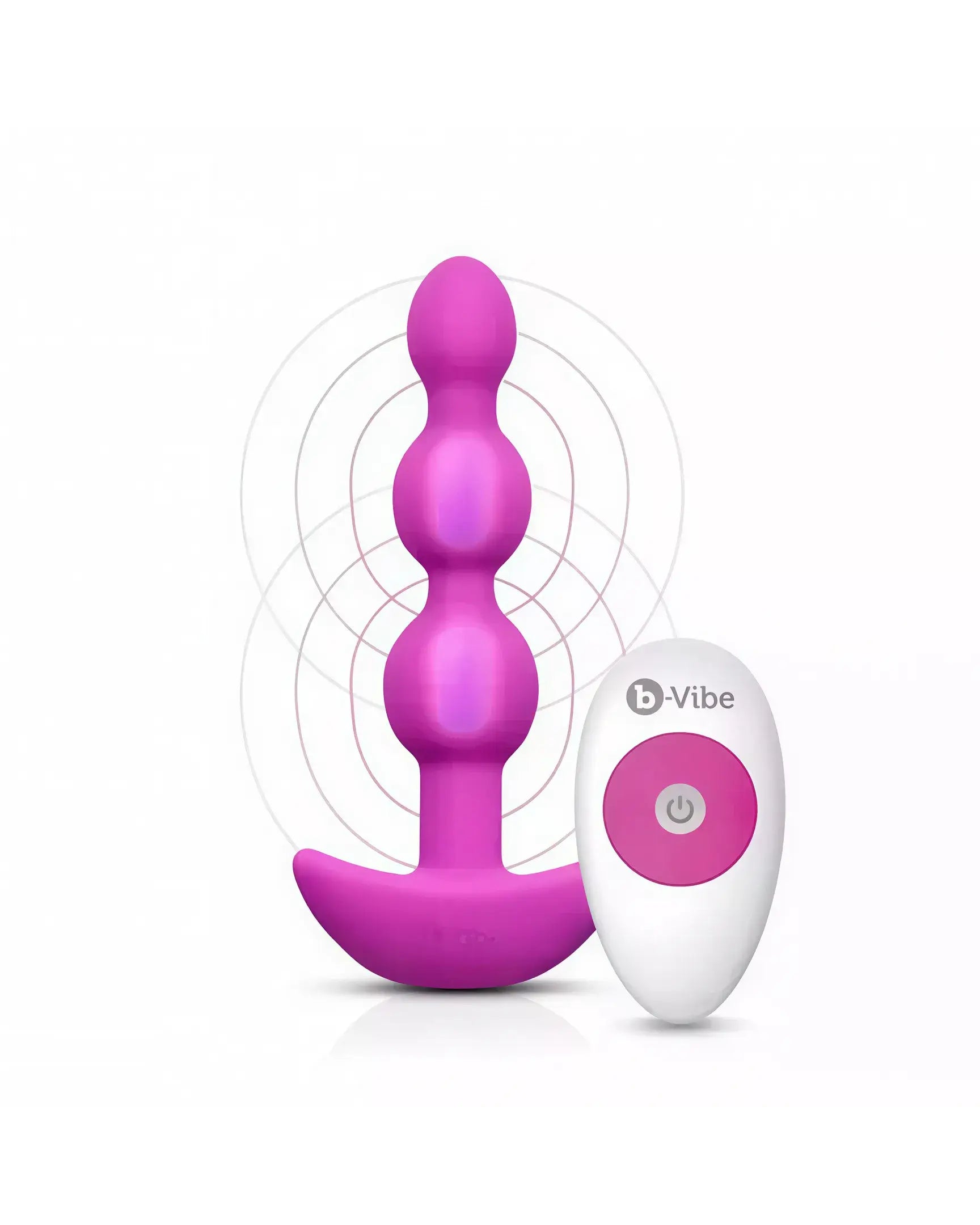 B-Vibe Triplet anal beads in pink with a remote control, featuring three graduated beads and a flared base.