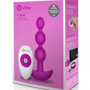 B-Vibe Triplet anal beads in a purple color, displayed in packaging with a remote control and a black storage pouch.