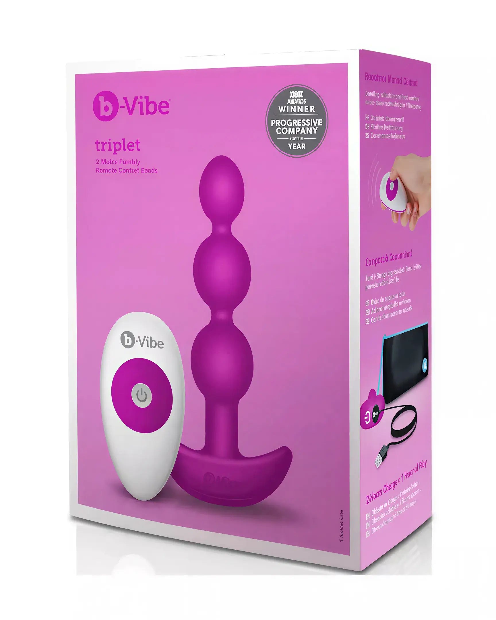 B-Vibe Triplet anal beads in a purple color, displayed in packaging with a remote control and a black storage pouch.