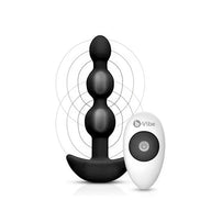 B-Vibe Triplet anal beads in black with a remote control, featuring three graduated spheres and a curved base.