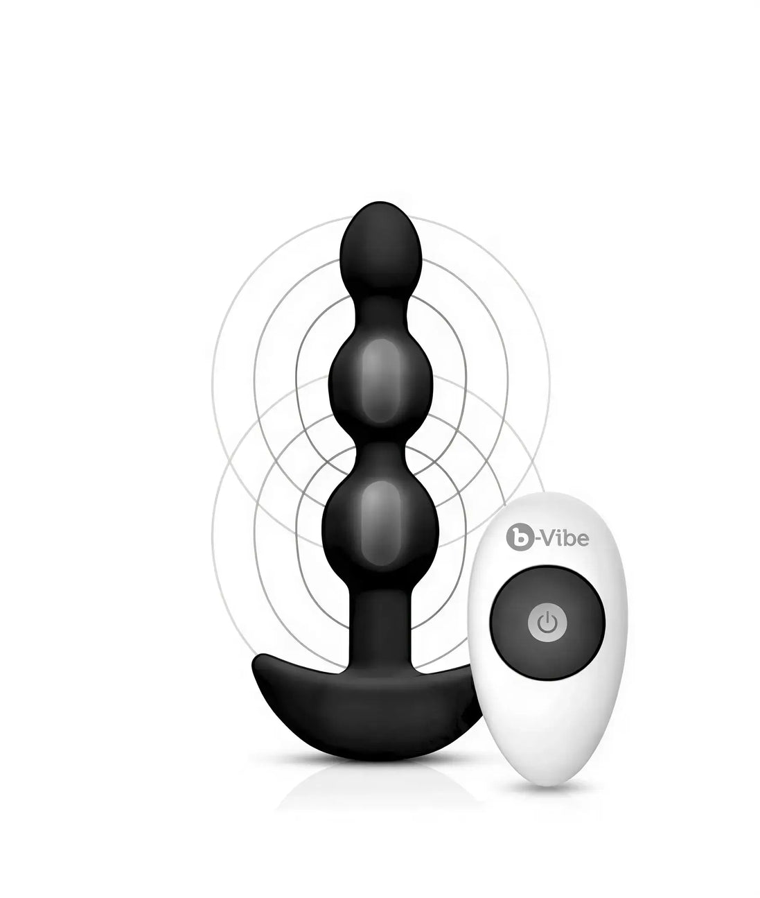 B-Vibe Triplet anal beads in black with a remote control, featuring three graduated spheres and a curved base.