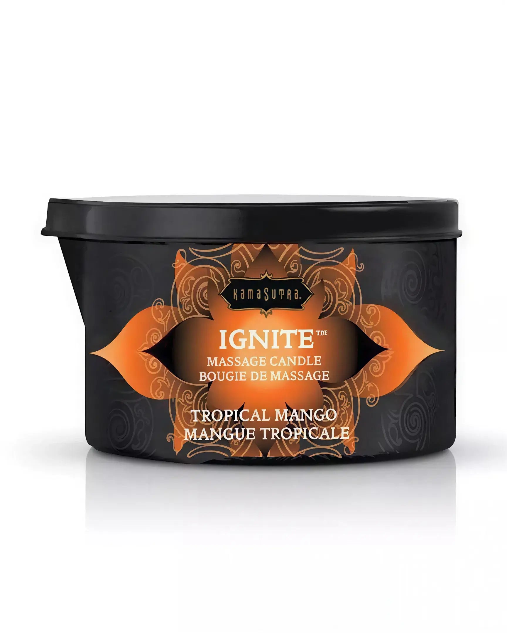 Kama Sutra Tropical Mango massage candle in a black container with orange accents, labeled 