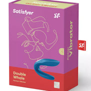 Satisfyer Partner Whale vibrator in blue packaging with abstract line art and product details on a pink background.