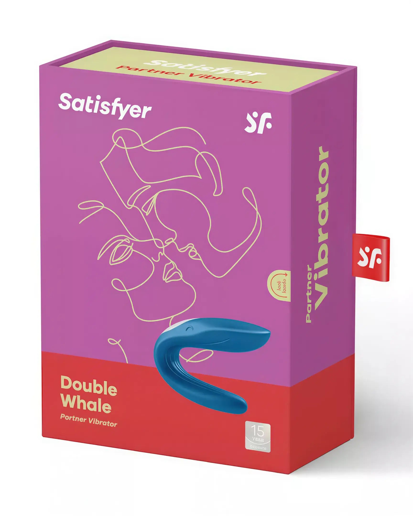 Satisfyer Partner Whale vibrator in blue packaging with abstract line art and product details on a pink background.