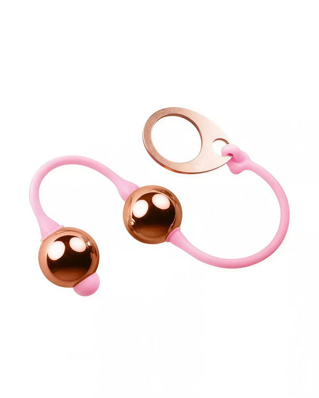 Rocks Off Golden Balls with two shiny golden balls connected by a pink silicone string and a looped handle.