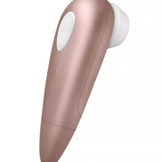 Satisfyer Number One in rose gold with a white silicone tip, angled design for ergonomic use.
