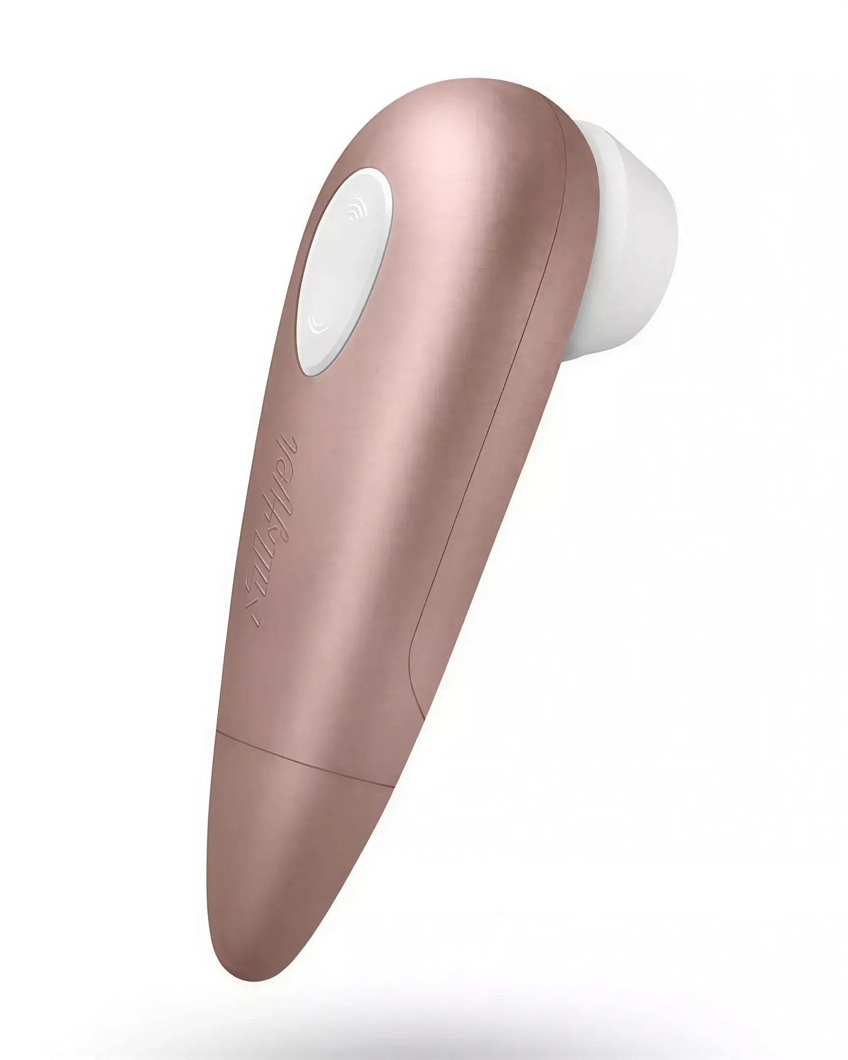 Satisfyer Number One in rose gold with a white silicone tip, angled design for ergonomic use.
