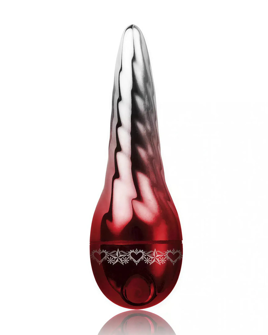 Rocks Off Joycicles vibrator in a sleek red and silver design, featuring a tapered shape and decorative heart pattern.